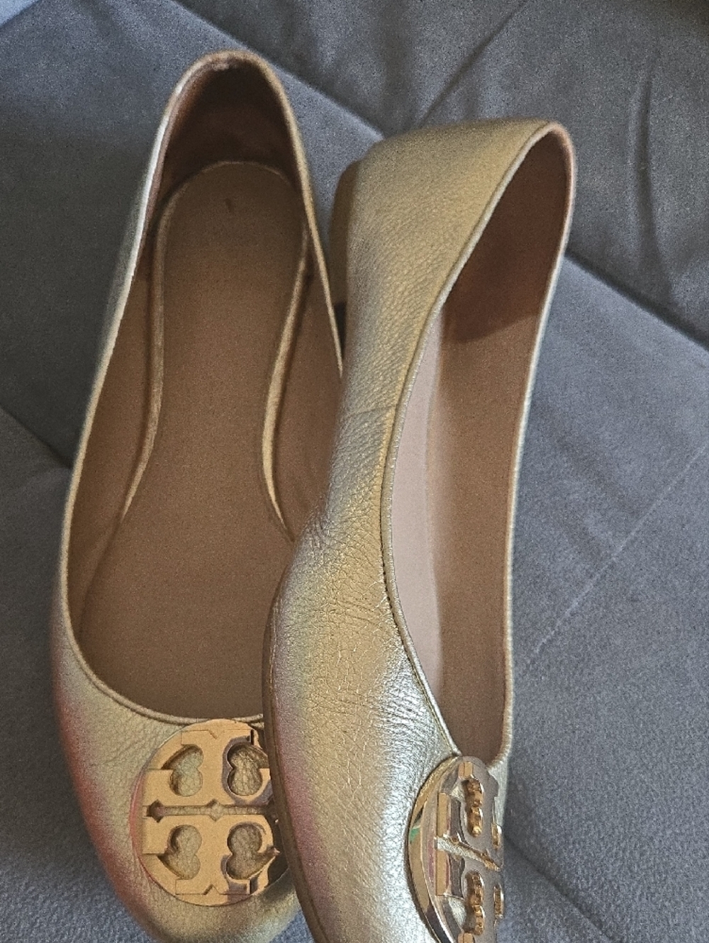 Tory Burch Metallic Gold Leather Ballet Flats with Logo Medallion - Picture 2 of 8